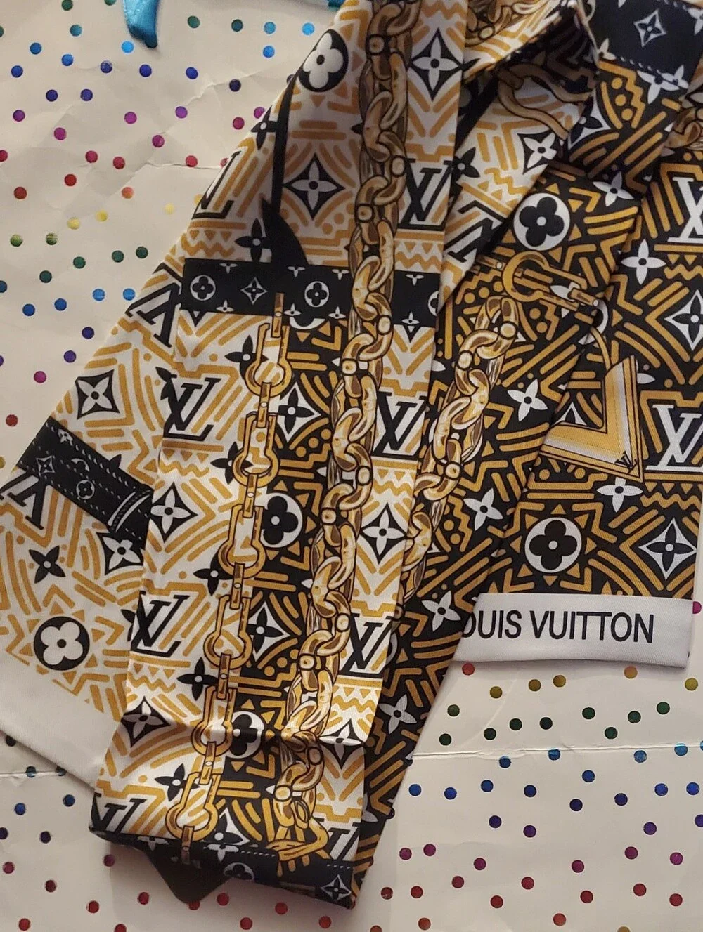 Silk Bag Twilly, Scarf, Hairtie; White & Gold Patterned Silk Scarf